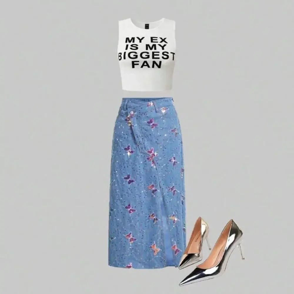 SHEIN MOD Butterfly Sequin Split Thigh Denim Skirt - Size 28-Y2K